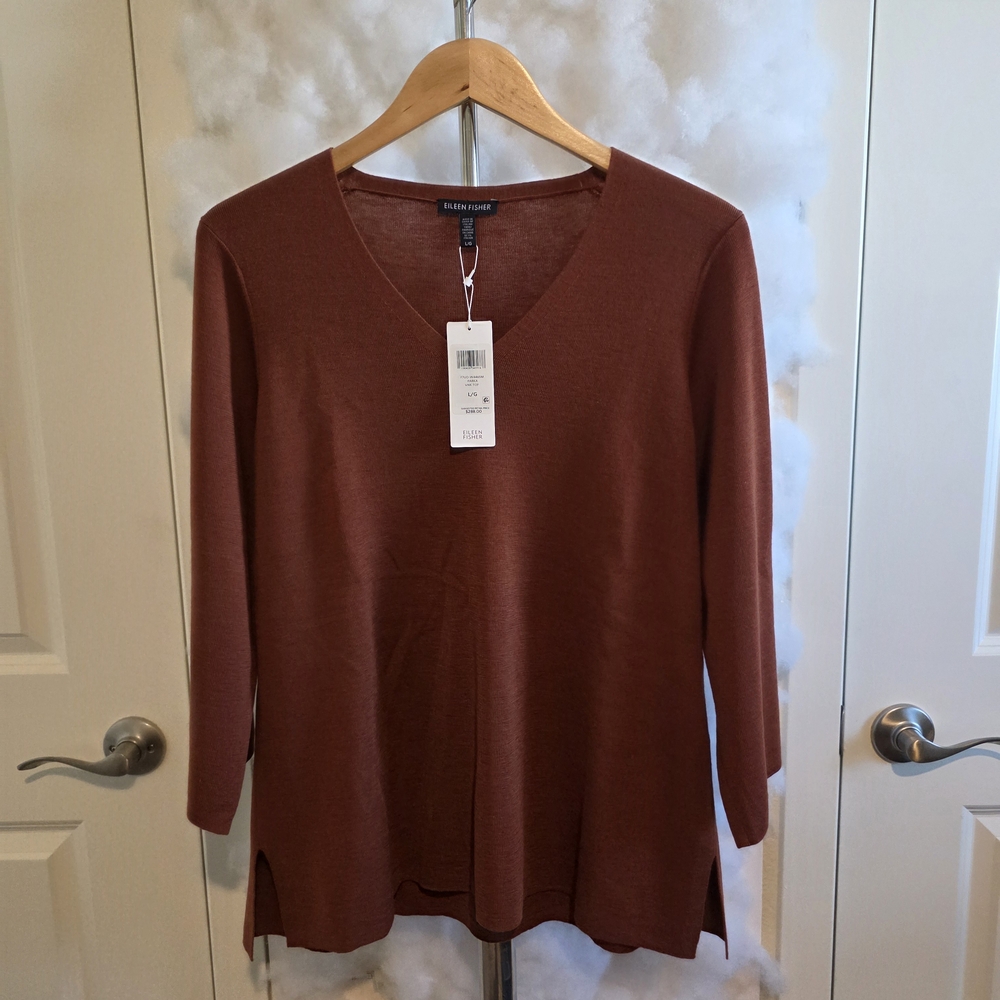 NWT Eileen Fisher Paprika Ultrafine Merino Wool 3/4 Sleeve V-Neck Top